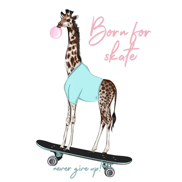 Illustrazione Vettoriale Moda Hipster Con Giraffa Skateboard Nata Skate Stampa — Vettoriale Stock