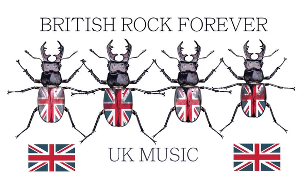 Fashion Vector Illustratie Britse Rockmuziek Met Kevers Bedrukking Voor Shirts — Stockvector