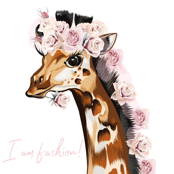 Illustrazione Vettoriale Moda Con Giraffa Rose Sono Stile — Vettoriale Stock