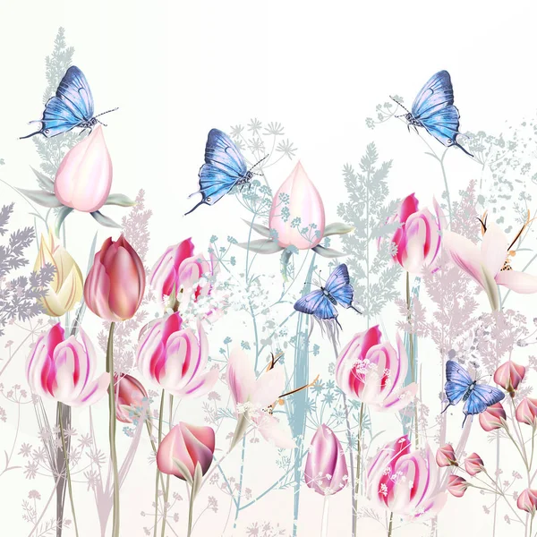 Illustrazione Con Delicato Vettoriale Rosa Tulipano Fiori Cocco Farfalle Blu — Vettoriale Stock