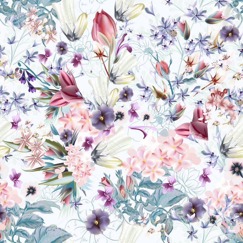 Floral vector illustration with spring and summer field flowers