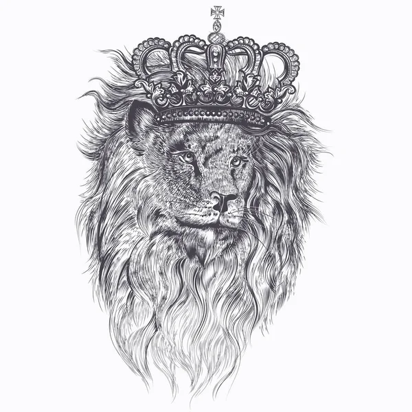 Ručně Kreslené Vektorové Tetování Ilustrace Lvem Královské Koruně Pro Design — Stockový vektor
