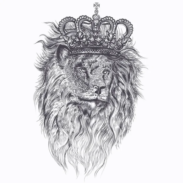 Illustration Tatouage Vectoriel Dessinée Main Avec Lion Couronne Royale Pour Illustration De Stock