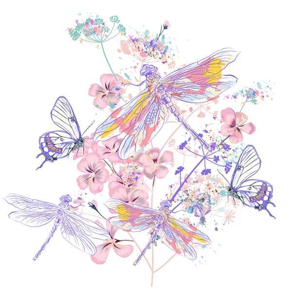 Gyönyörű Vektor Illusztráció Virágokkal Szitakötőkkel Tavasz Vintage Stílus Vektor Grafikák
