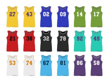 Basketbol spor formaları, numaraları ile dokuz renk
