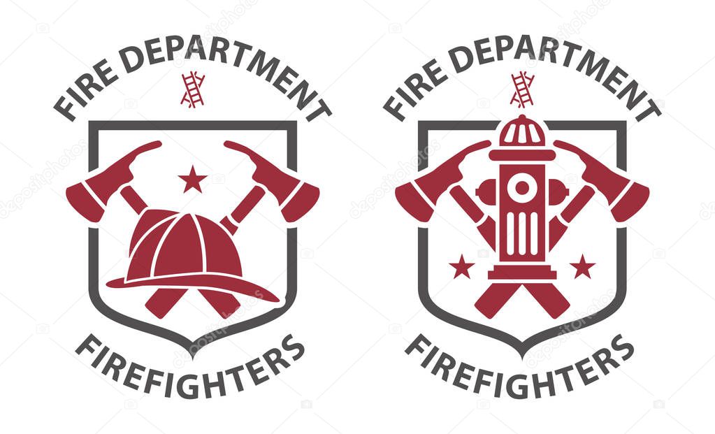 Red vintage fireman pictograms in grey shield