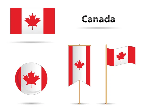 Set Banderas Canadá Con Hoja Arce — Vector de stock
