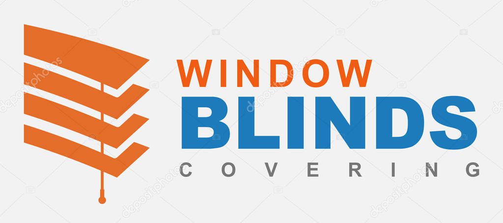Window blinds covering logo company,