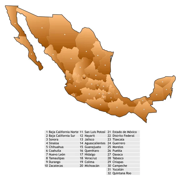 Mexico Mappa Con Nomi Degli Stati — Vettoriale Stock