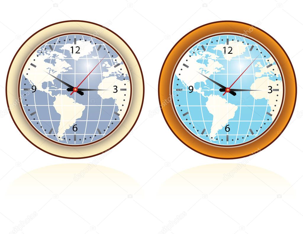 set of two wall clocks with world map