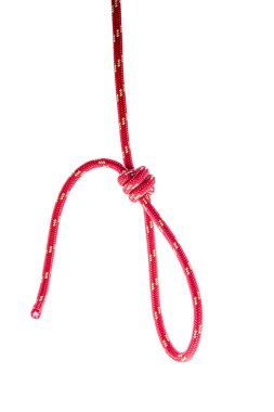 Beyaz arka plan üzerinde izole düğüm iple darağacında, kırmızı