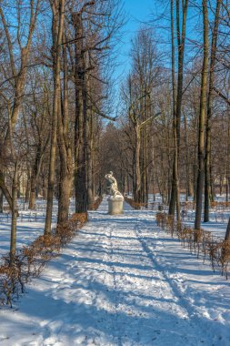 Łazienki Parkı Varşova'nda tarihi bir heykel. Arka planda kış manzarası görebilirsiniz