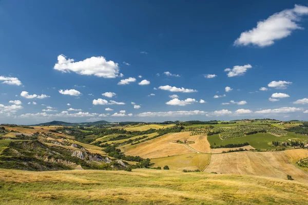 Tuscany için karakteristik, tepelerin görünümünü çayırlar ile kaplı. Yaz günü, biraz bulutlu mavi gökyüzü