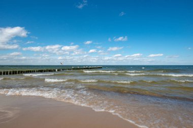Eski ahşap dalgakıranlar Miedzyzdroje plaj dalgalar karşı korumak. Sakin Baltık Denizi tuzlu su ile ahşap direklerin basar. Midzyzdroje, Polonya