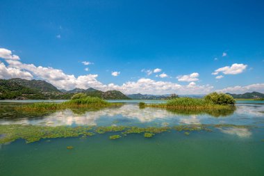 Peyzaj Park, Karadağ. Dağlarla çevrili ve su bitki örtüsü ile büyümüş huzurlu gölün güzel bir manzara.