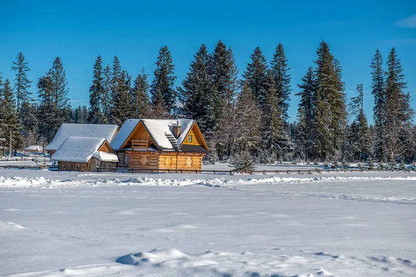 ザコパネ近くの山の中の小さな村 古典的な木造住宅や雪の谷キャップ — ストック写真
