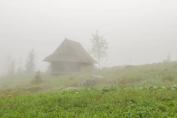 Old Wooden Shepherds Huts Shrouded Thick Fog Tatra Mountains Poland — стокове фото