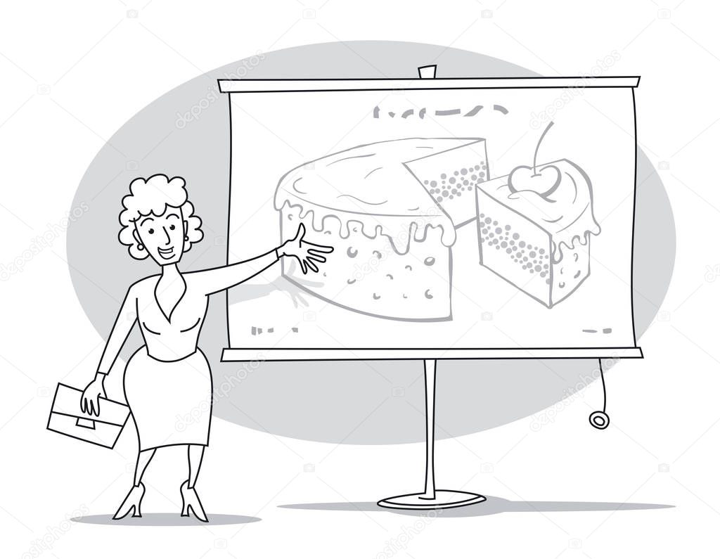 A woman with a folder in her hand giving a presentation.  She shows pie chart on whiteboard by her hand. Cartoon vector illustration