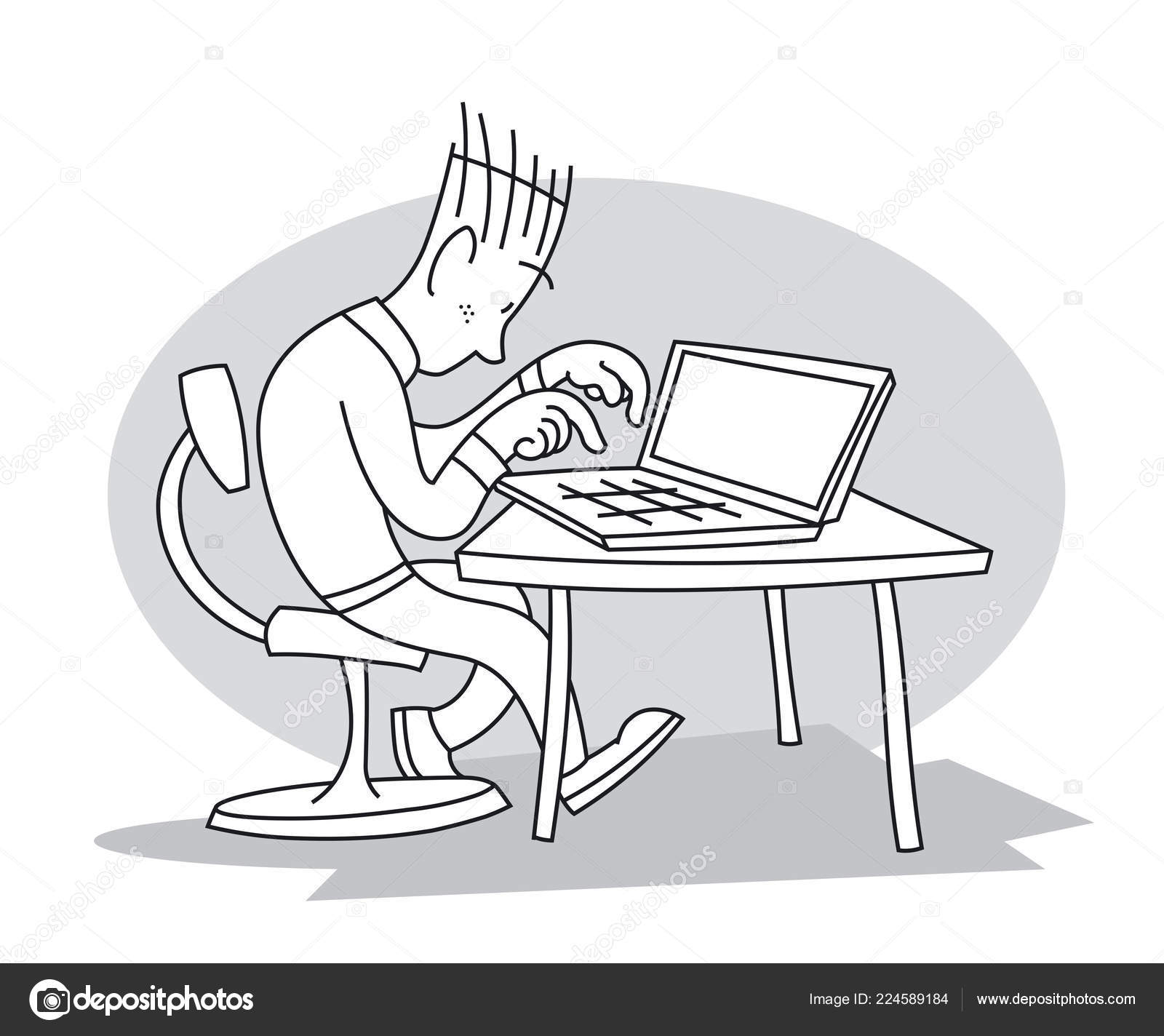 Jonge Man n Tafel Zitten Werken Typen Zijn Laptop Cartoon Stockvector C Mammothis