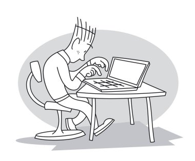 Genç adam masada oturan ve çalışan, onun dizüstü bilgisayarda yazarak. Çizgi film vektör çizim