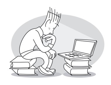 Düşünceli genç adam kitap yığını üzerinde oturur ve dikkatle laptop görünüyor. Çizgi film vektör çizim