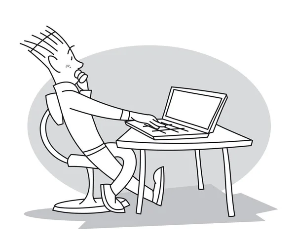 Молодий Чоловік Сидить Столом Перед Своїм Ноутбуком Дивлячись Нього Думаючи Ліцензійні Стокові Ілюстрації