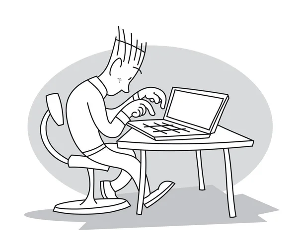 年轻人坐在桌旁工作 在笔记本电脑上打字 动画片向量例证 矢量图形