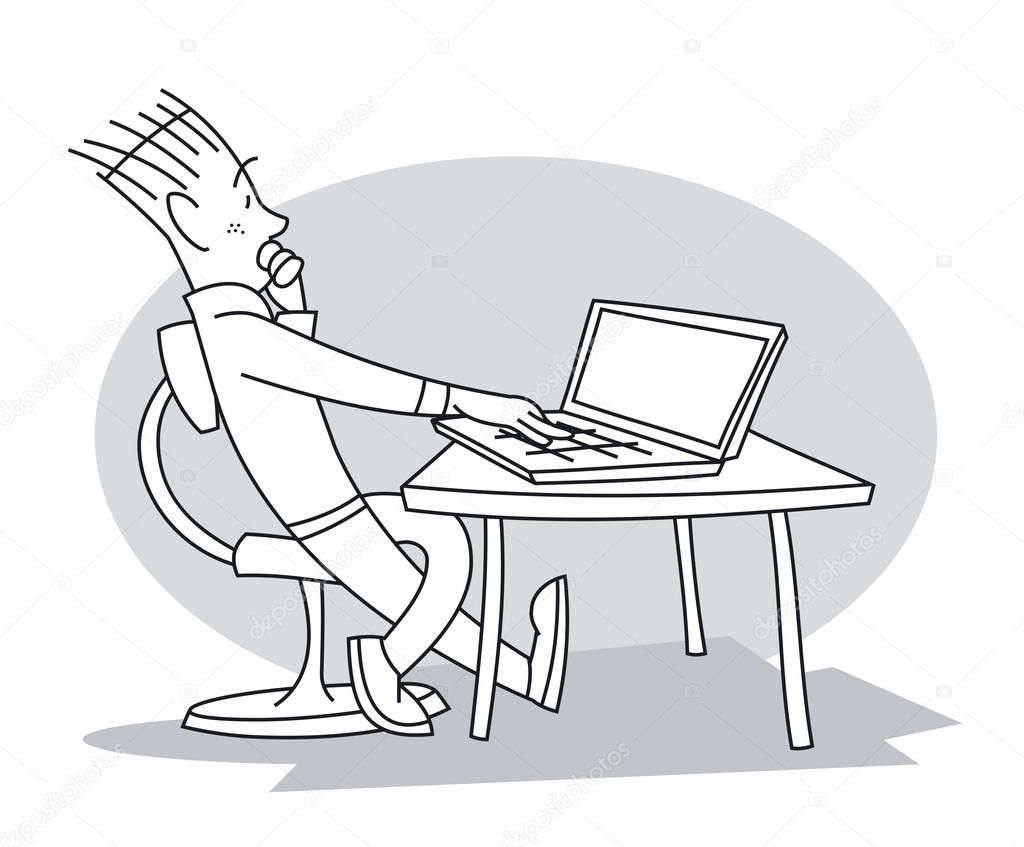 Young man sitting at table in front of his laptop, looking at it, and thinking about his work. Cartoon vector illustration