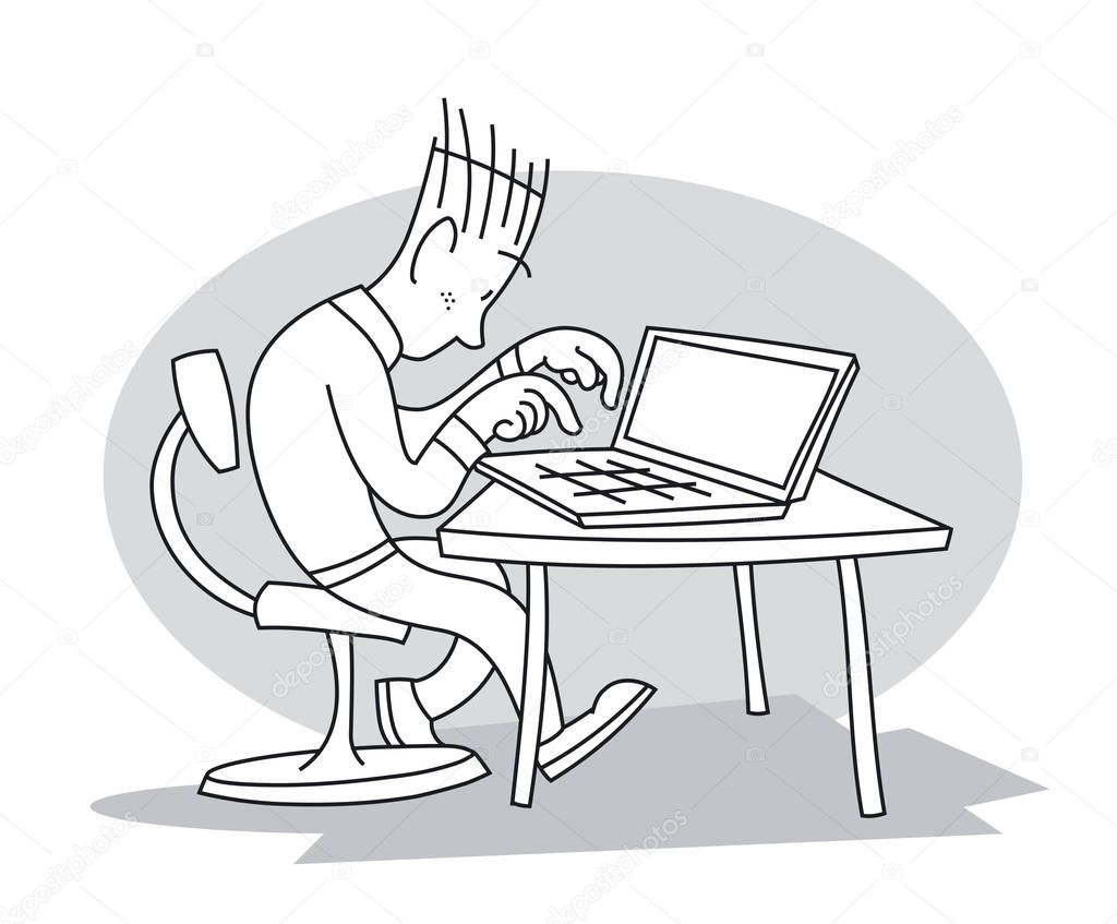 Young man sitting at table and working, typing on his laptop. Cartoon vector illustration