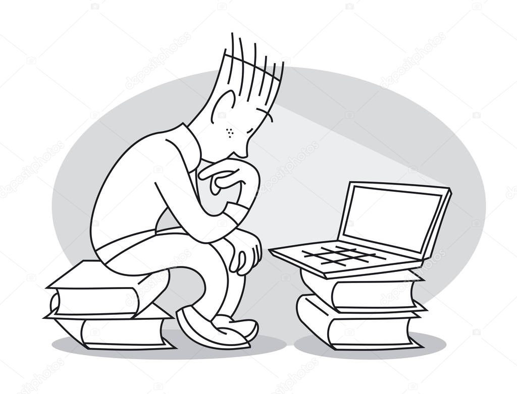 Thoughtful young man sits on stack of books and intently looks at laptop. Cartoon vector illustration