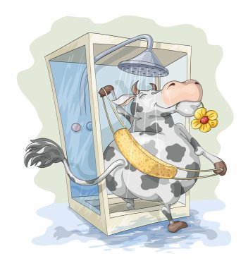 Happy cow with flower in its mouth take a shower clipart