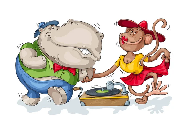 Hipopótamo Danças Macaco Passam Pela Música Gramofone — Vetor de Stock