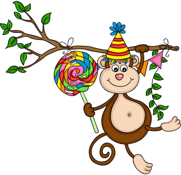 カラフルなロリポップと猿幸せな誕生日 — ストックベクタ
