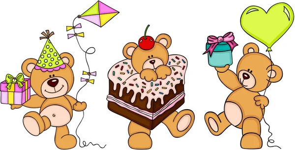 Niedlichen Drei Teddybären Alles Gute Zum Geburtstag — Stockvektor