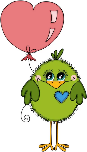 Roztomilý Zelený Pták Drží Balónek Tvaru Srdce — Stockový vektor