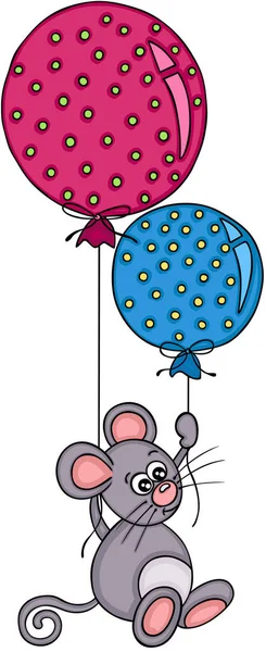 Ratoncito Volando Con Dos Globos — Vector de stock