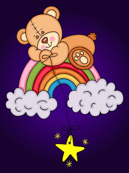 Teddybär Schläft Auf Regenbogen — Stockvektor