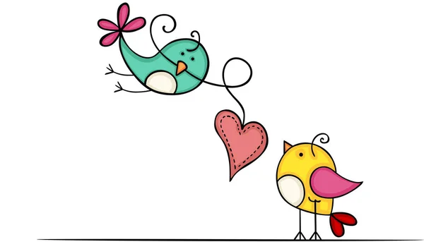 可爱的鸟与心脏 — 图库矢量图片