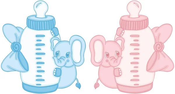 Blauwe Roze Schattig Olifant Met Baby Melk Fles — Stockvector