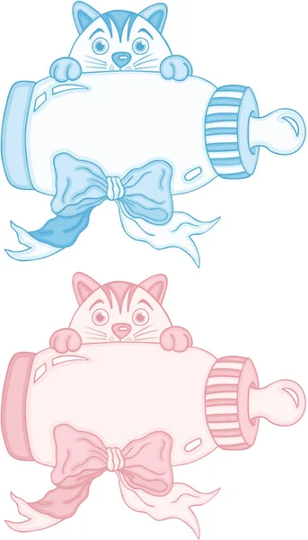 蓝色和粉红色可爱的猫与婴儿奶瓶 — 图库矢量图片