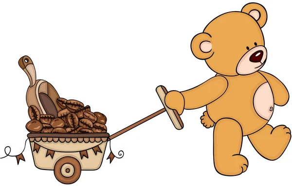 Teddy Bear Pushing Cart Full Coffee Bean Scoop — Stock Vector