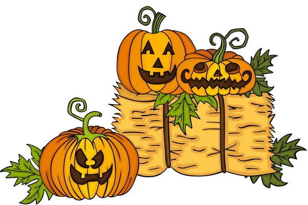 Halloween Pumpkins Bale Hay — Stock Vector