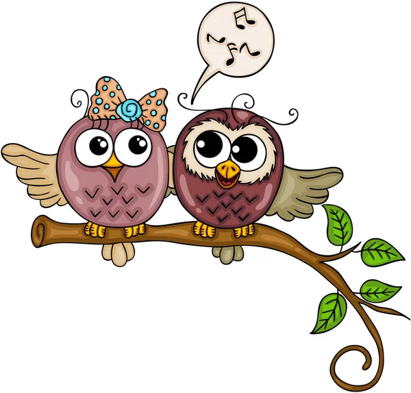 Cute Couple Owls Singing — Stock Vector