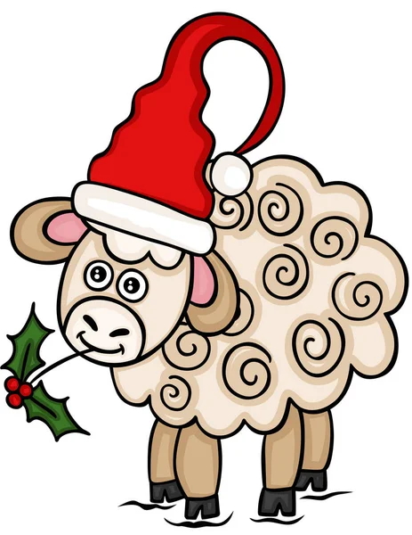 Moutons Noël Tenant Une Branche Houx — Image vectorielle