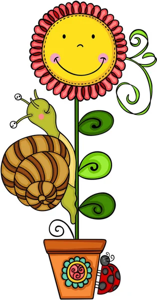 花瓶向日葵可爱蜗牛 — 图库矢量图片