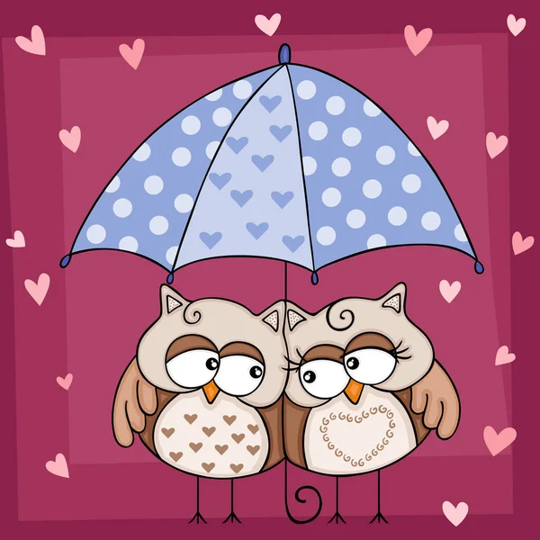 Chouettes Mignon Couple Sous Fond Parapluie — Image vectorielle