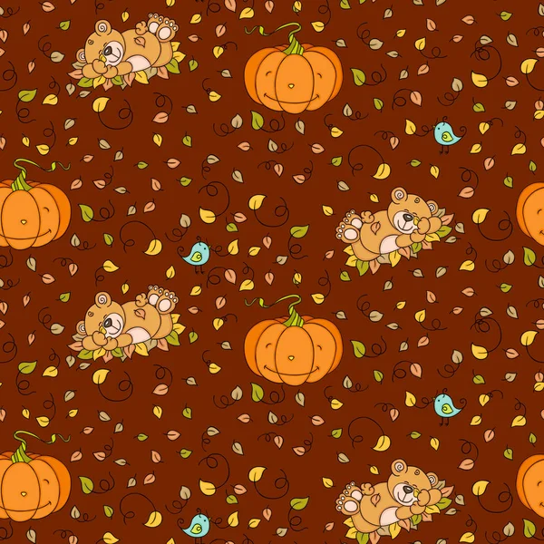 与泰迪熊和南瓜无缝的秋天 — 图库矢量图片