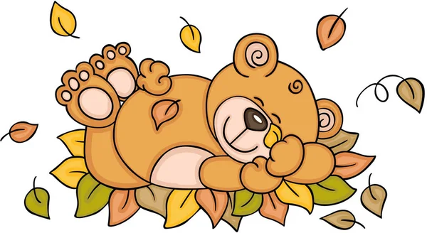 Teddy Bear Sleeping Autumn Leaves — Stock Vector