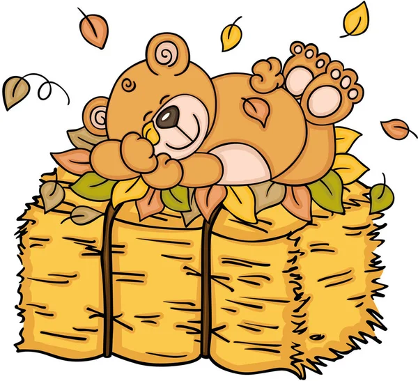 Teddy Bear Sleeping Autumn Leaves Hay — Stock Vector