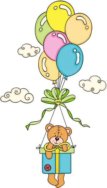 Teddybär Fliegt Mit Schachtel Geschenk Und Luftballons — Stockvektor